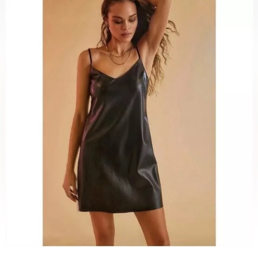 Like New Faux Vegan Leather Spaghetti Strap Black Dress Steve Madden Size S